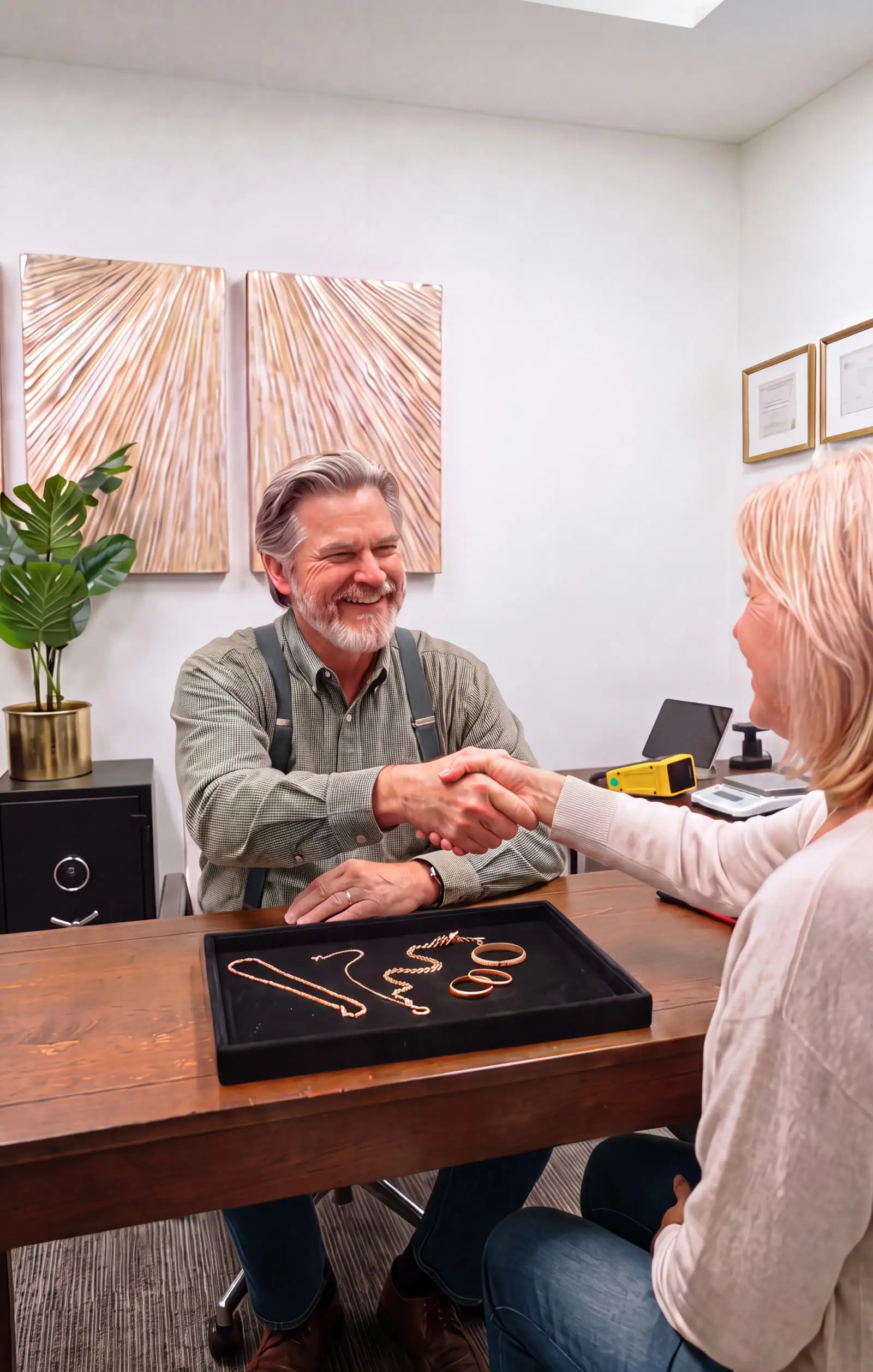 A seller and an American Gold Tour buyer shaking hands across the desk, her gold chains and rings in the tray between them