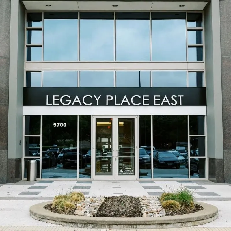 Building exterior at 5700 Tennyson Pkwy, one block east of the Dallas North Tollway